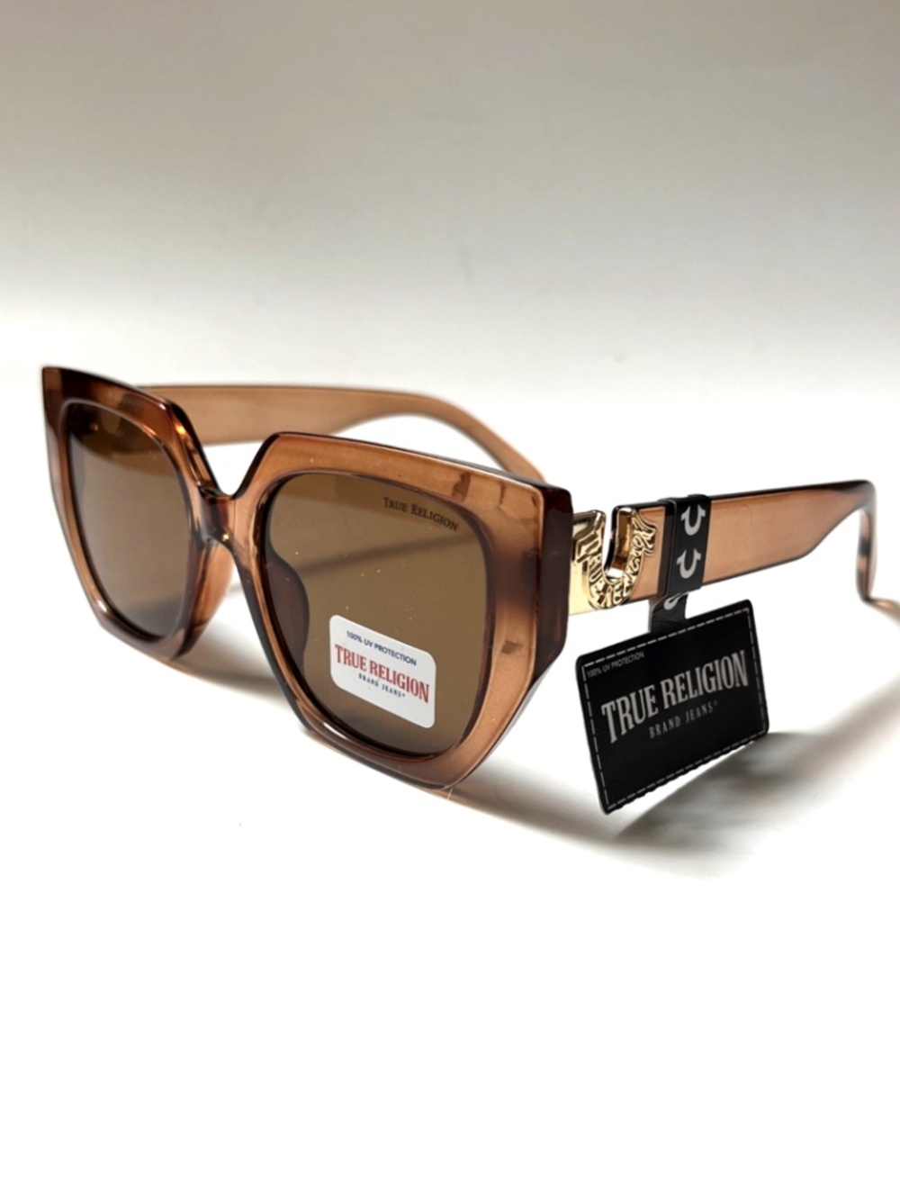 New TRUE RELIGION Cat Eye Sunglasses Oversized Acetate Transparent  Brown Logo